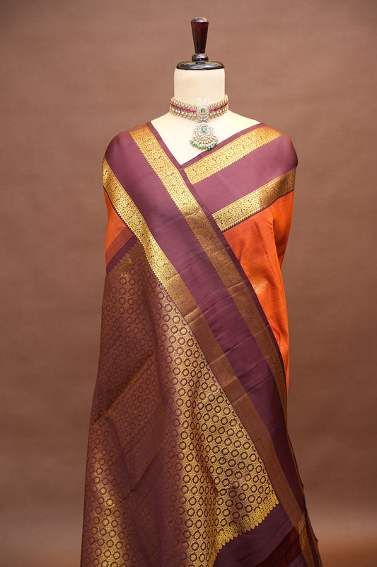 Pure Kanchivaram Silk Saree with Rich Gold Zari Weave - Rust Orange & Maroon