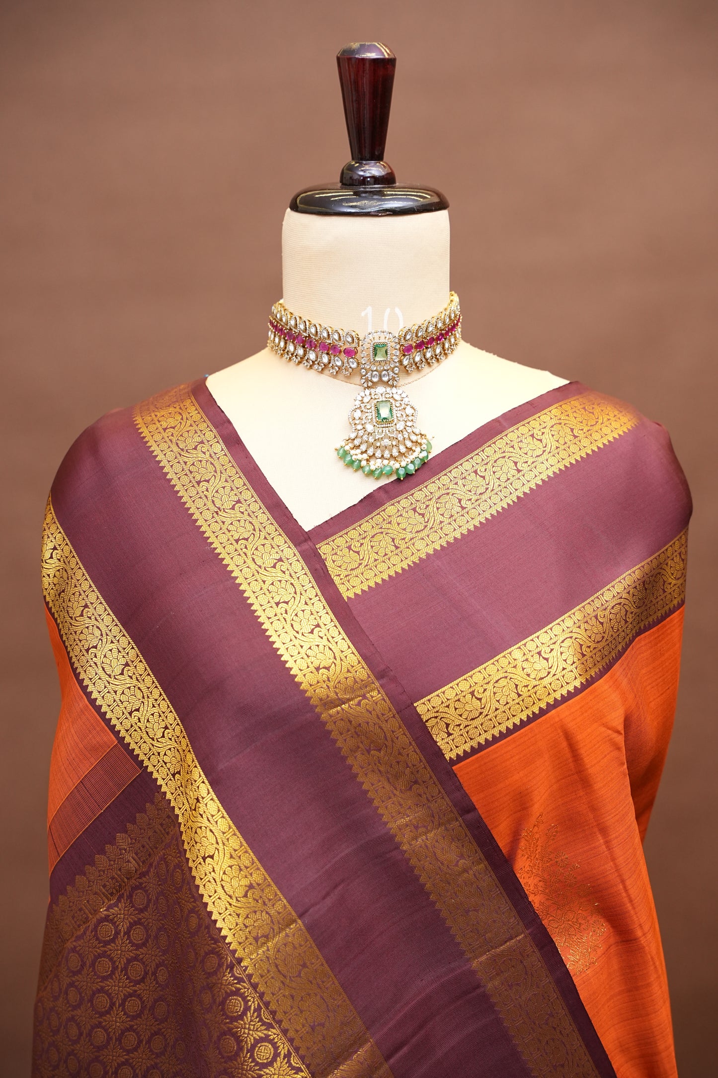 Rust Orange & Maroon Pure Kanchivaram Silk Saree with Rich Gold Zari Weave|Silk Mark Certified.