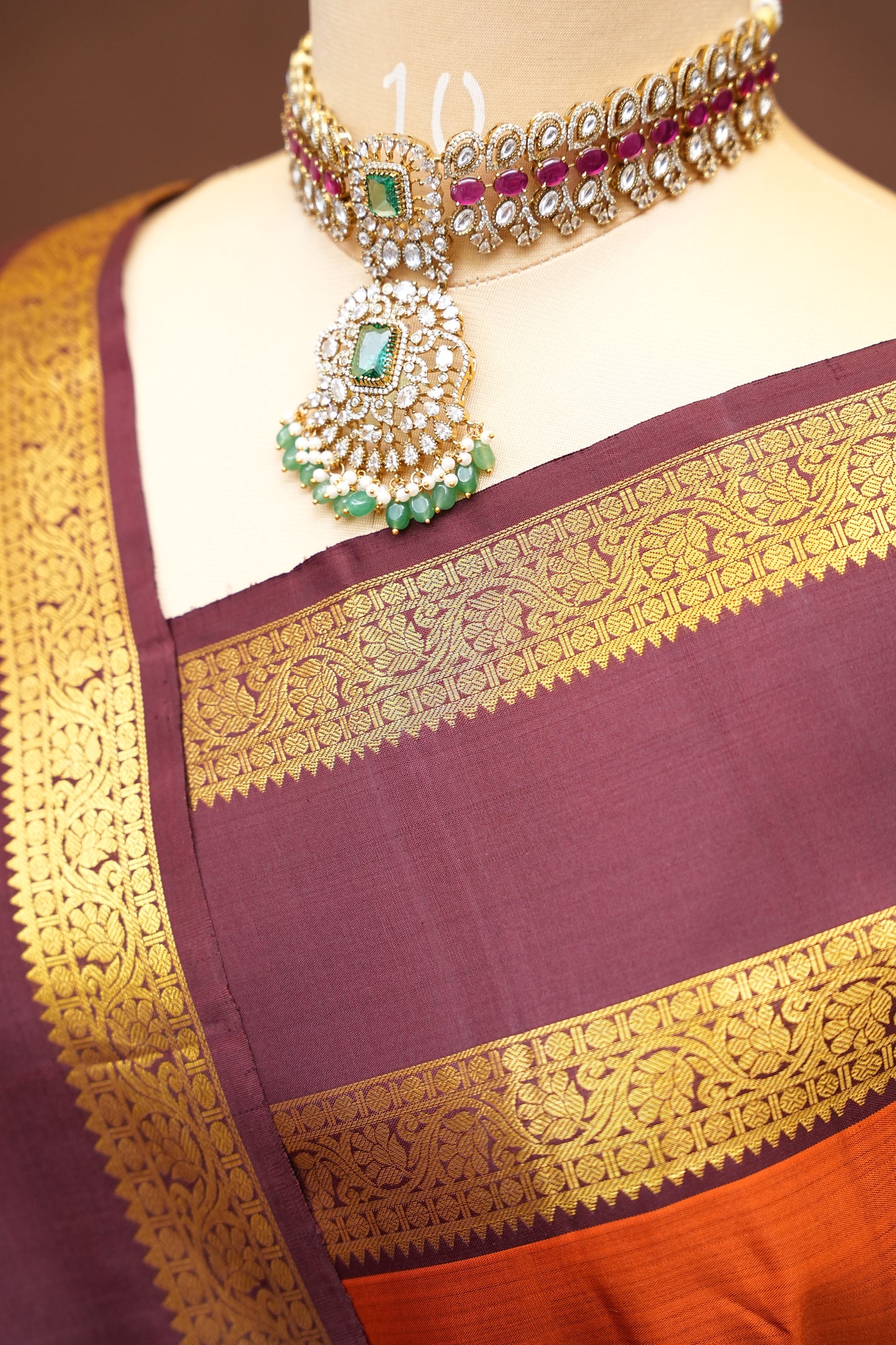 Rust Orange & Maroon Pure Kanchivaram Silk Saree with Rich Gold Zari Weave|Silk Mark Certified.