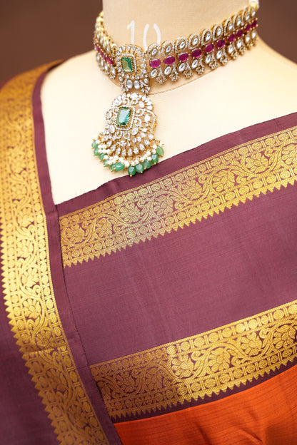 Rust Orange & Maroon Pure Kanchivaram Silk Saree with Rich Gold Zari Weave|Silk Mark Certified.