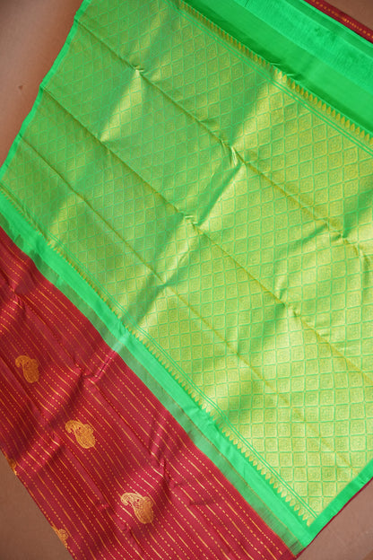 Deep Red & Parrot Green Borderless Pure Kanchivaram Silk Saree|Silk Mark Certified.