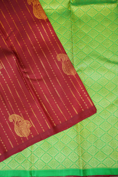 Deep Red & Parrot Green Borderless Pure Kanchivaram Silk Saree|Silk Mark Certified.