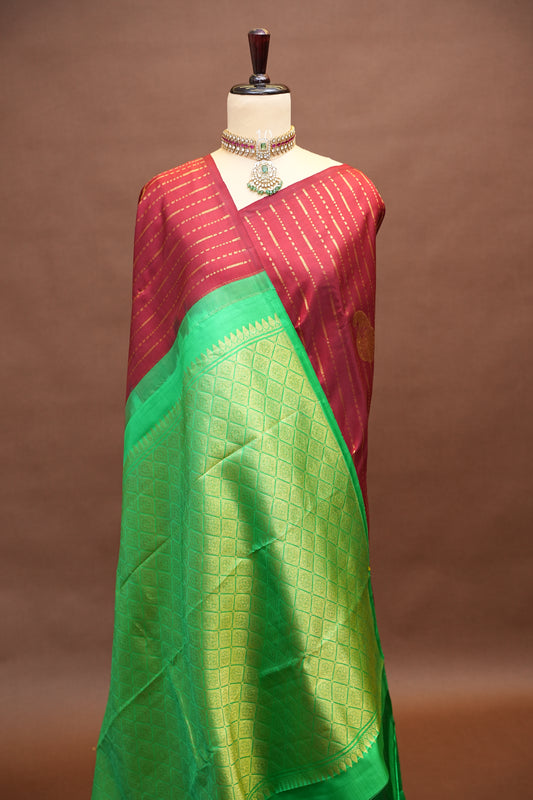 Deep Red & Parrot Green Borderless Pure Kanchivaram Silk Saree|Silk Mark Certified.