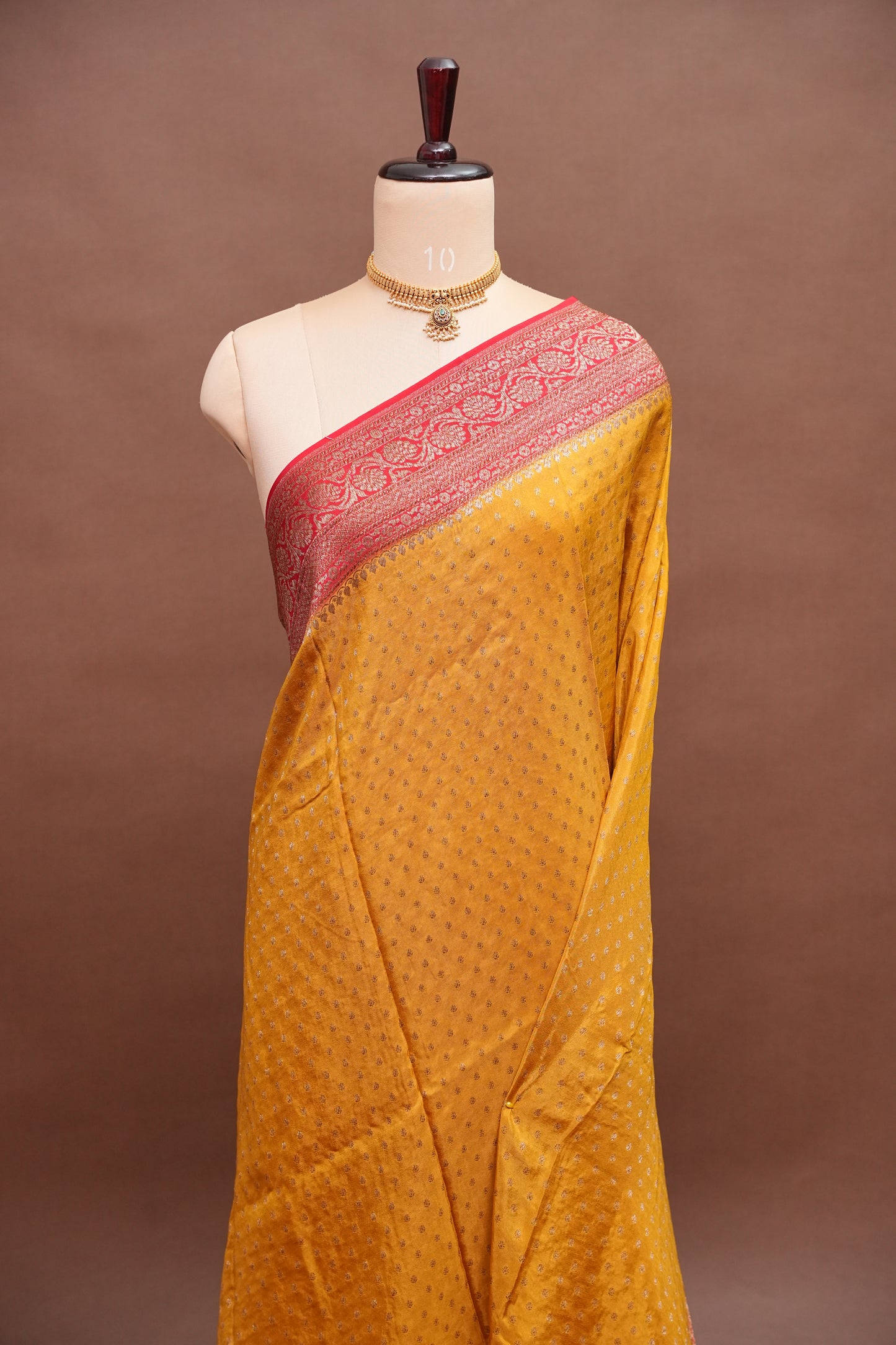 Khaddi Georgette Crepe Silk Saree with Antique Border – Yellow & Red