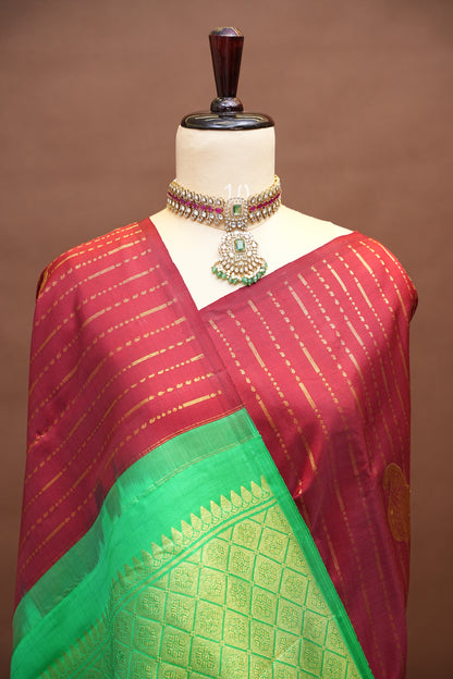 Deep Red & Parrot Green Borderless Pure Kanchivaram Silk Saree|Silk Mark Certified.