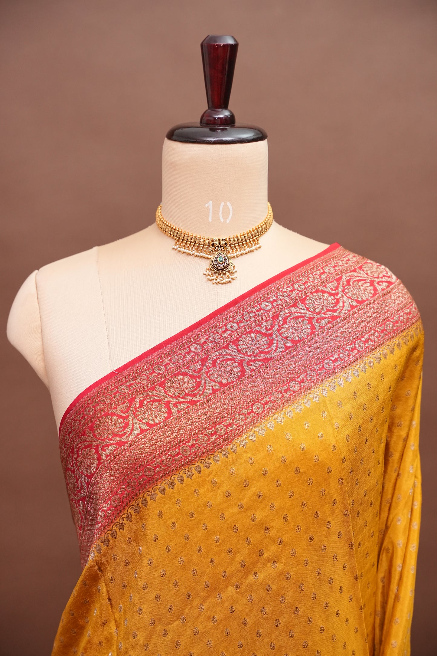 Khaddi Georgette Crepe Silk Saree with Antique Border – Yellow & Red