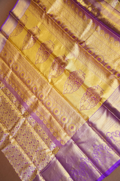 Gold Beige & Purple Pure Tissue Kanchipuram Silk Saree|Silk Mark Certified