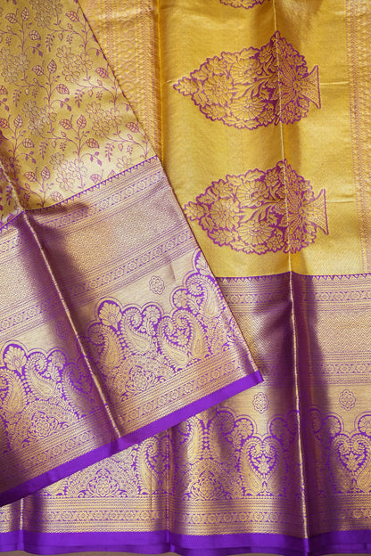 Gold Beige & Purple Pure Tissue Kanchipuram Silk Saree|Silk Mark Certified