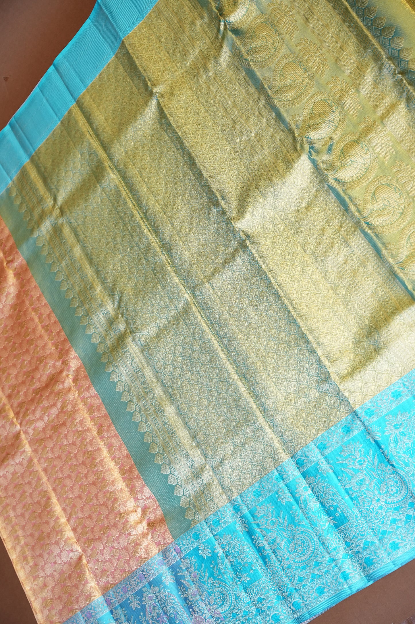 Peach & Turquoise Pure Tissue Kanchipuram Silk Saree|Silk Mark Certified