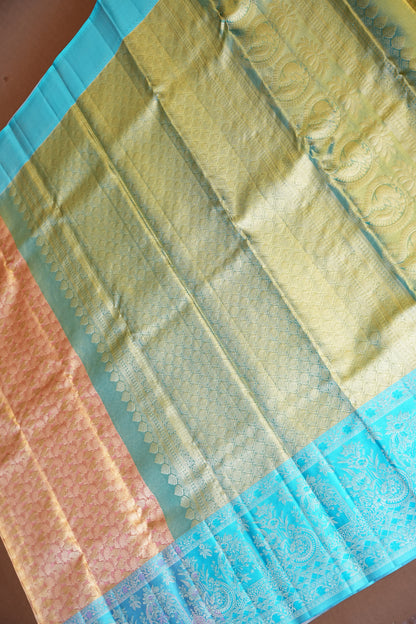 Peach & Turquoise Pure Tissue Kanchipuram Silk Saree|Silk Mark Certified