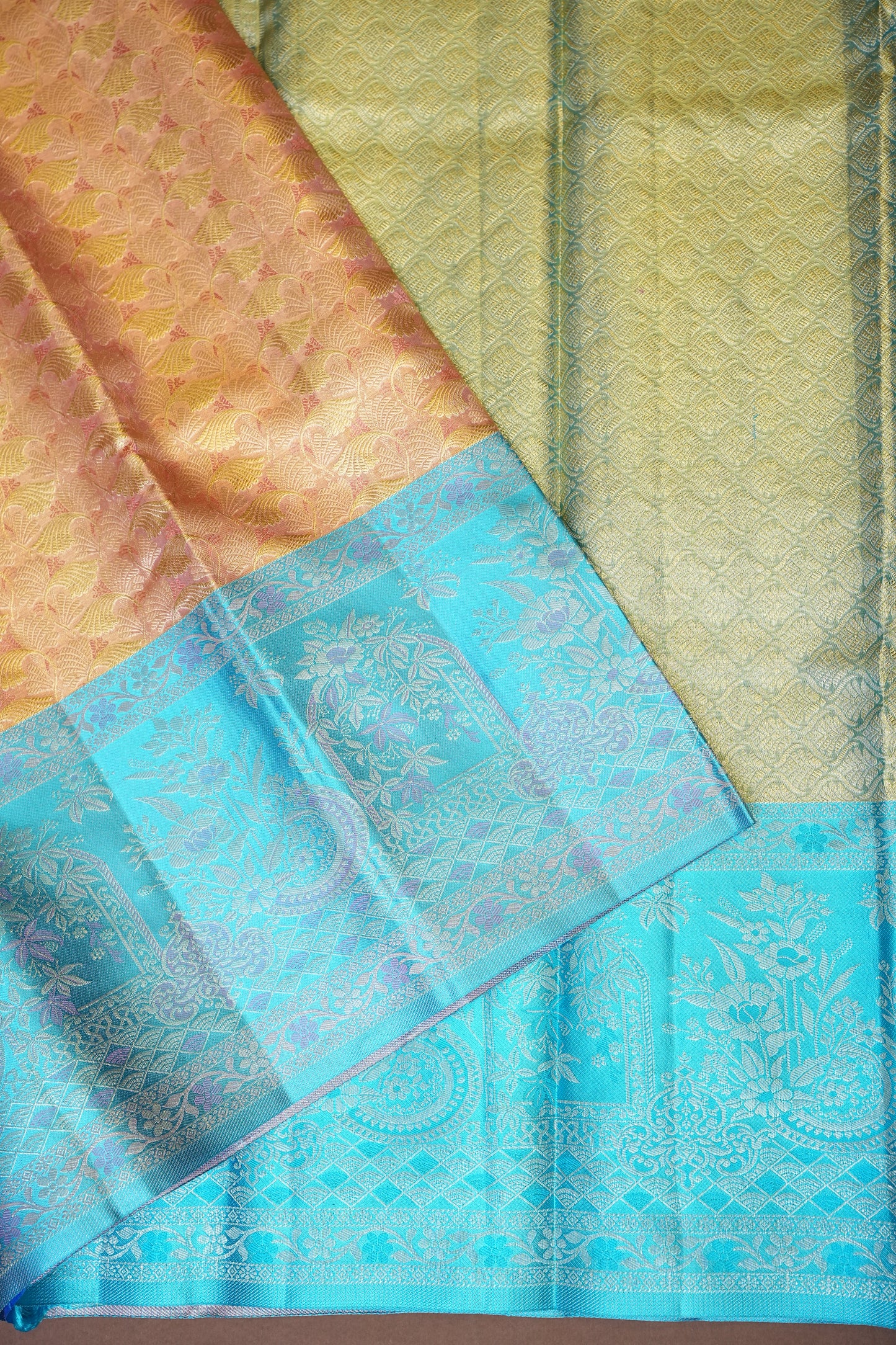 Peach & Turquoise Pure Tissue Kanchipuram Silk Saree|Silk Mark Certified