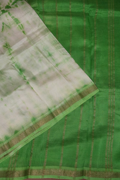Mangalagiri Silk Shibori Tie & Dye Saree - White with Leaf Green
