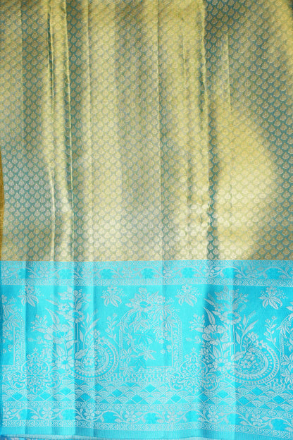 Peach & Turquoise Pure Tissue Kanchipuram Silk Saree|Silk Mark Certified