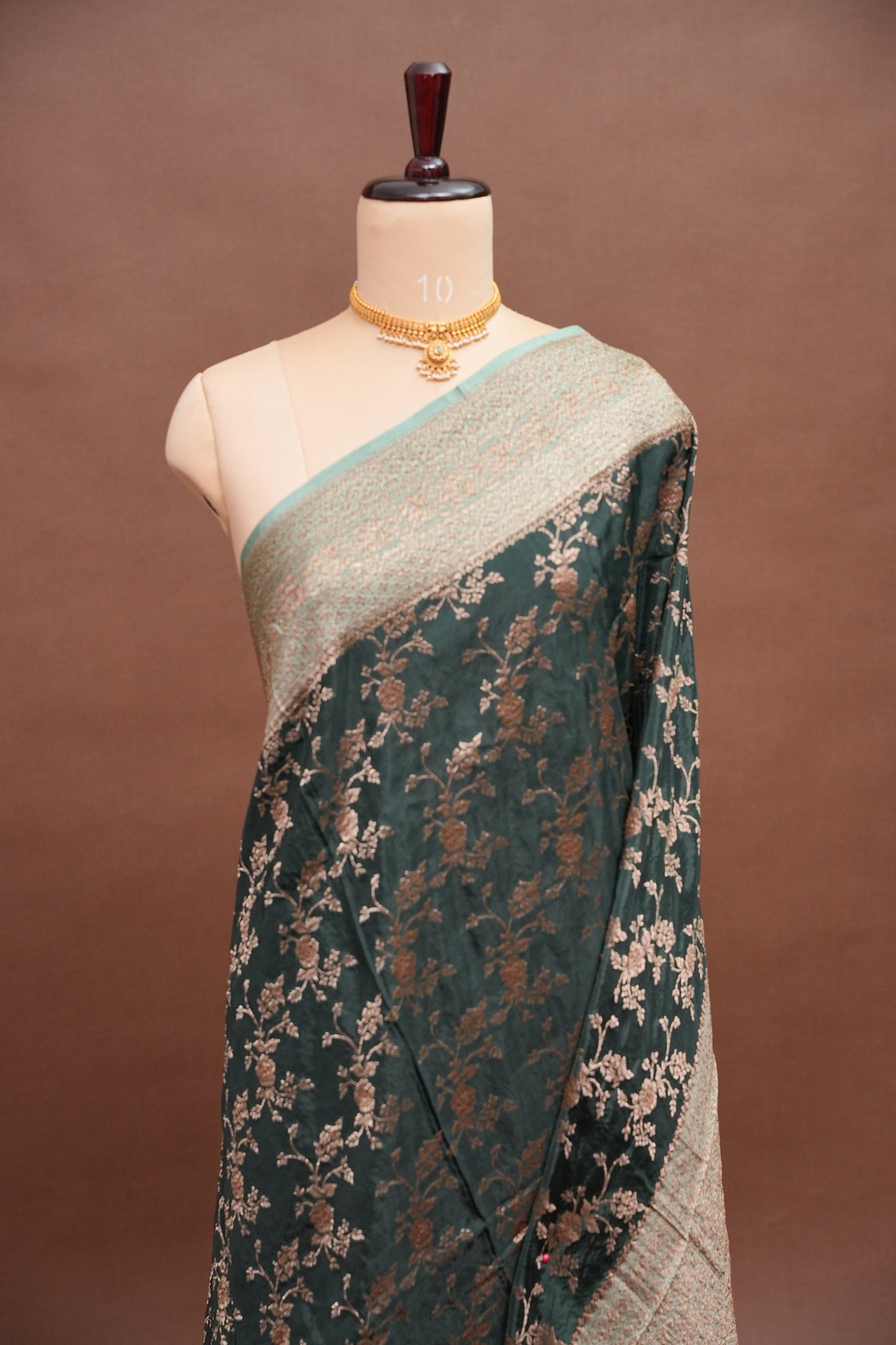 Khaddi Georgette Crepe Silk Saree with Antique Border – Bottle Green & Blue Grey
