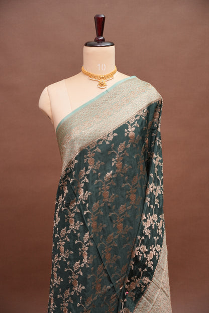 Khaddi Georgette Crepe Silk Saree with Antique Border – Bottle Green & Blue Grey