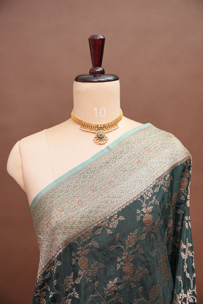 Khaddi Georgette Crepe Silk Saree with Antique Border – Bottle Green & Blue Grey