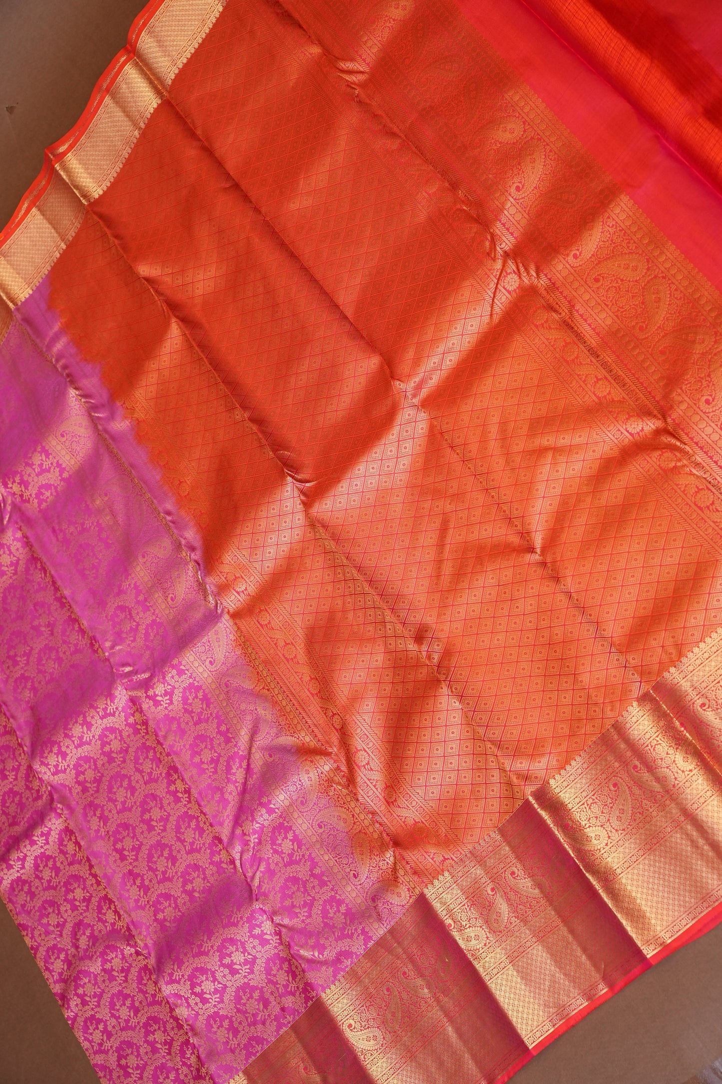 Pure Kanchivaram Silk Saree with Rich Gold Zari Weave - Candy Pink & Orange