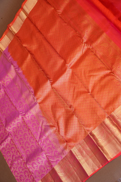Pure Kanchivaram Silk Saree with Rich Gold Zari Weave - Candy Pink & Orange