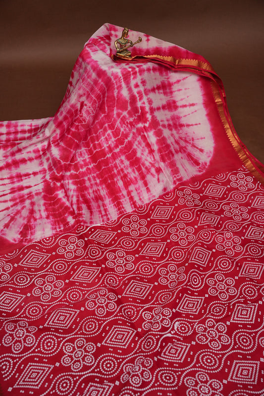 Mangalagiri Silk Shibori Tie & Dye Saree - Red & Ivory White
