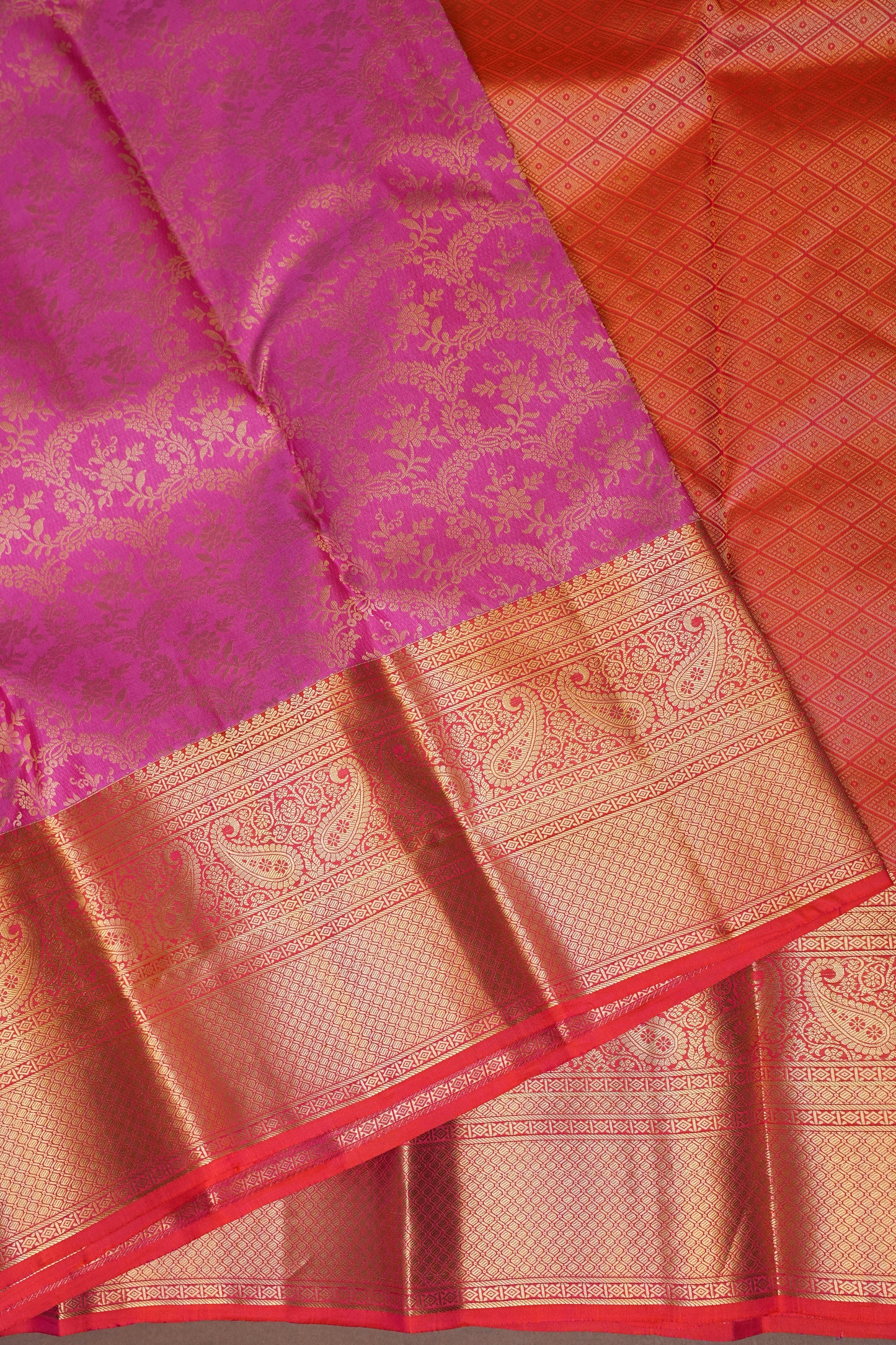 Pure Kanchivaram Silk Saree with Rich Gold Zari Weave - Candy Pink & Orange
