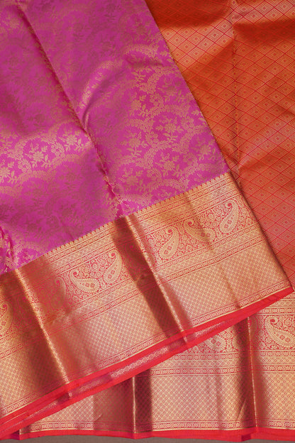 Pure Kanchivaram Silk Saree with Rich Gold Zari Weave - Candy Pink & Orange