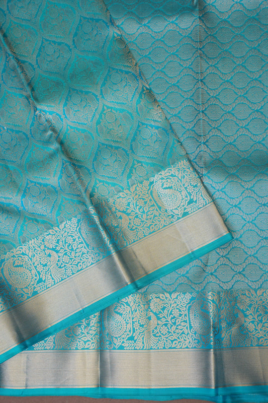 Aqua Blue Pure Kanchivaram Silk Saree with Elegant Antique Gold Zari Weave|Silk Mark Certified.