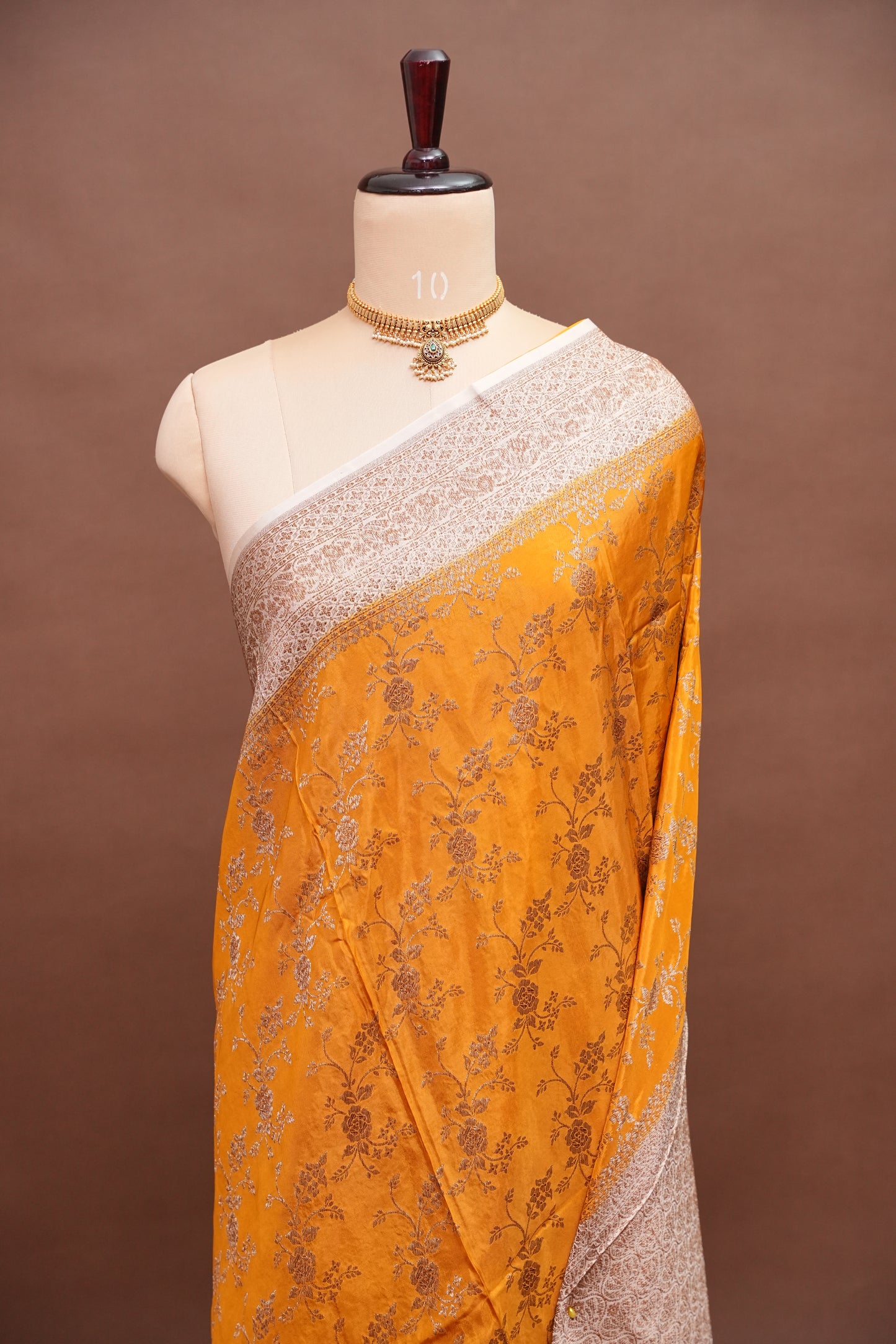 Khaddi Georgette Crepe Silk Saree with Antique Border – Mustard & White