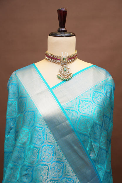 Aqua Blue Pure Kanchivaram Silk Saree with Elegant Antique Gold Zari Weave|Silk Mark Certified.