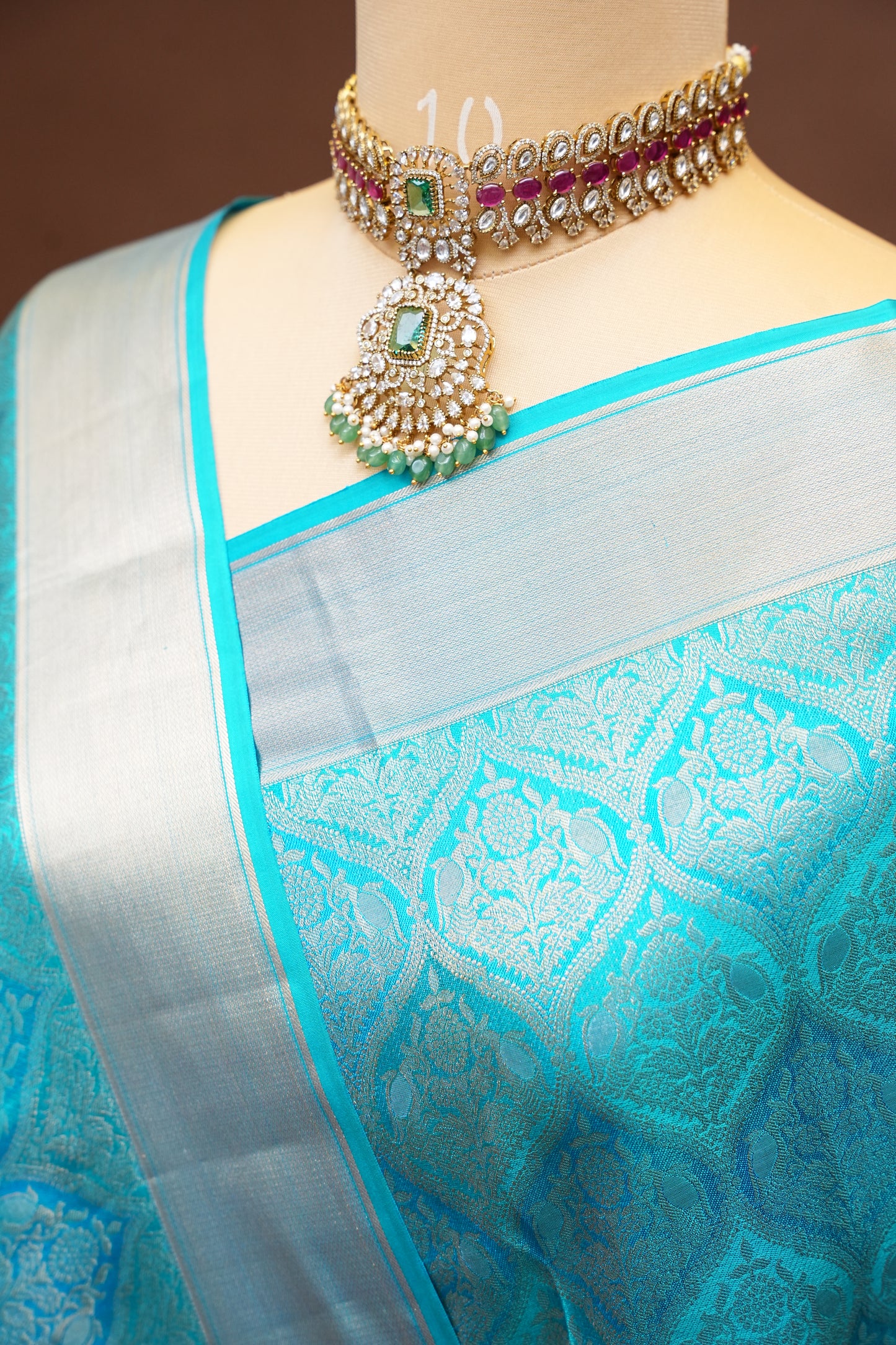 Aqua Blue Pure Kanchivaram Silk Saree with Elegant Antique Gold Zari Weave|Silk Mark Certified.