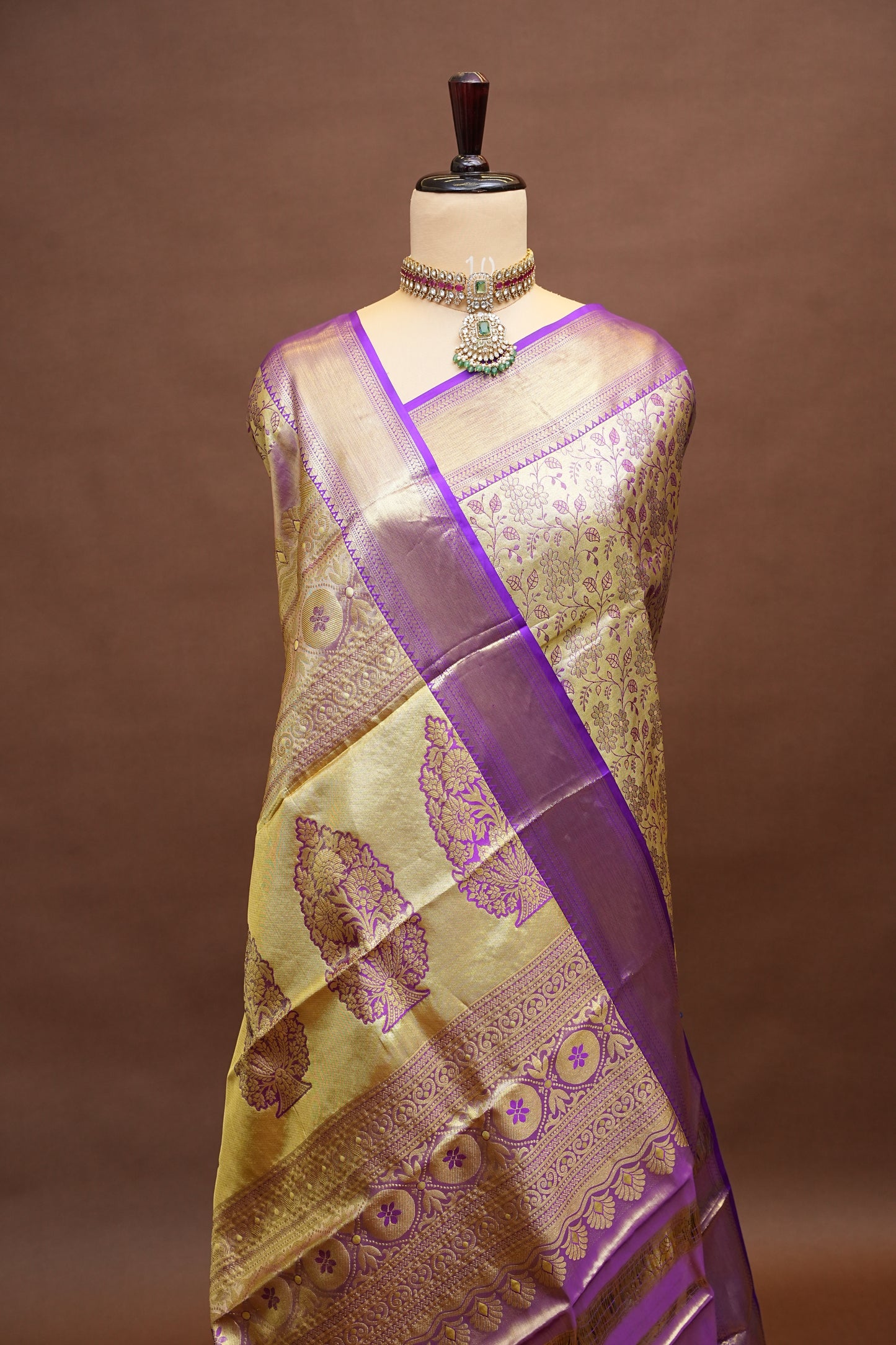 Gold Beige & Purple Pure Tissue Kanchipuram Silk Saree|Silk Mark Certified