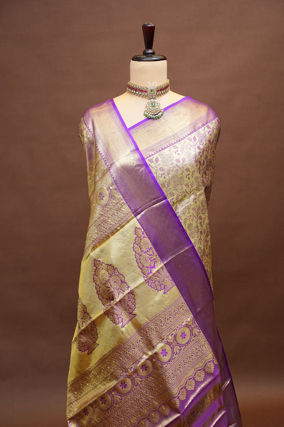 Gold Beige & Purple Pure Tissue Kanchipuram Silk Saree|Silk Mark Certified