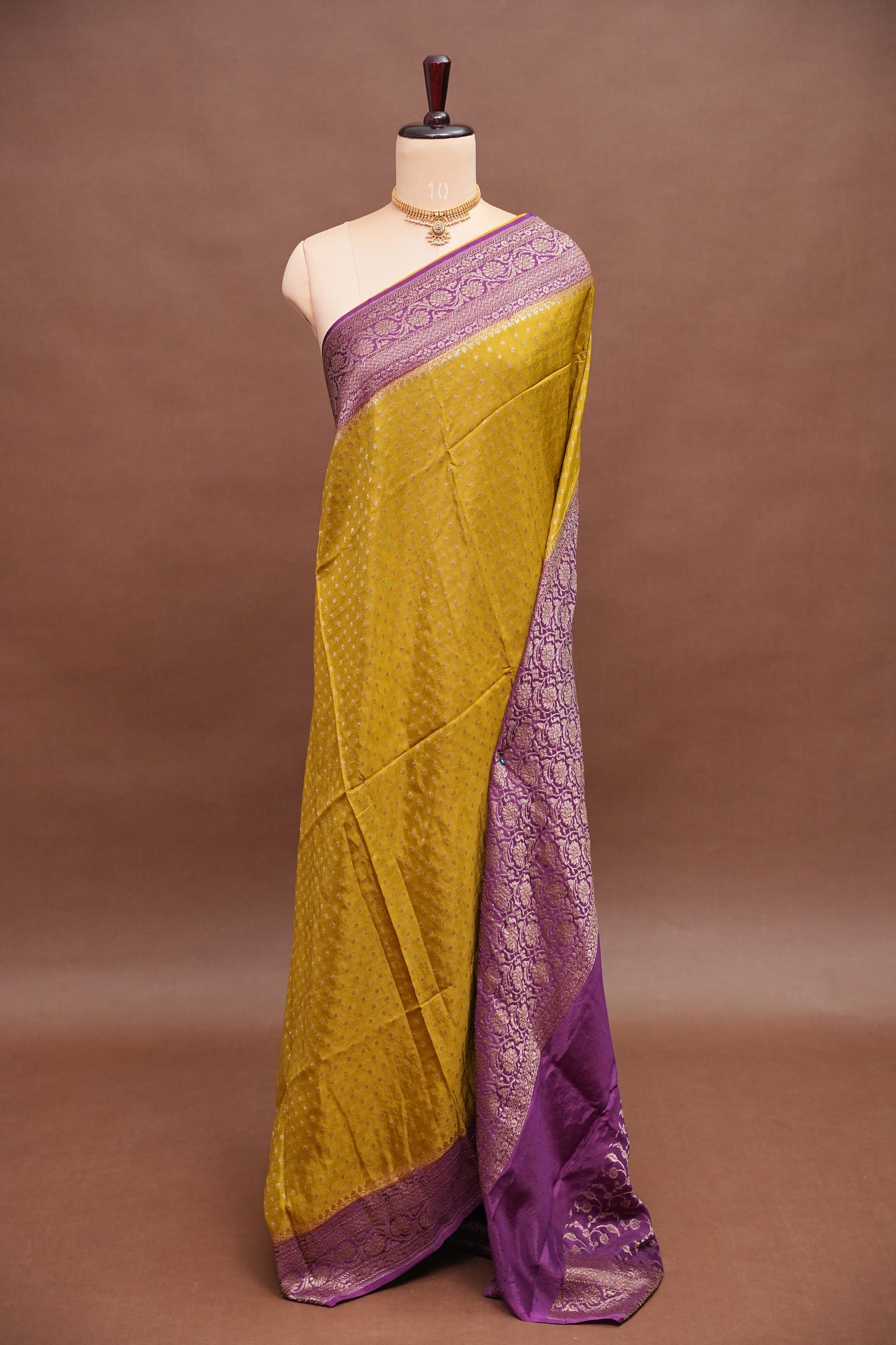 Khaddi Georgette Crepe Silk Saree with Antique Border – Mehendi Yellow & Magenta