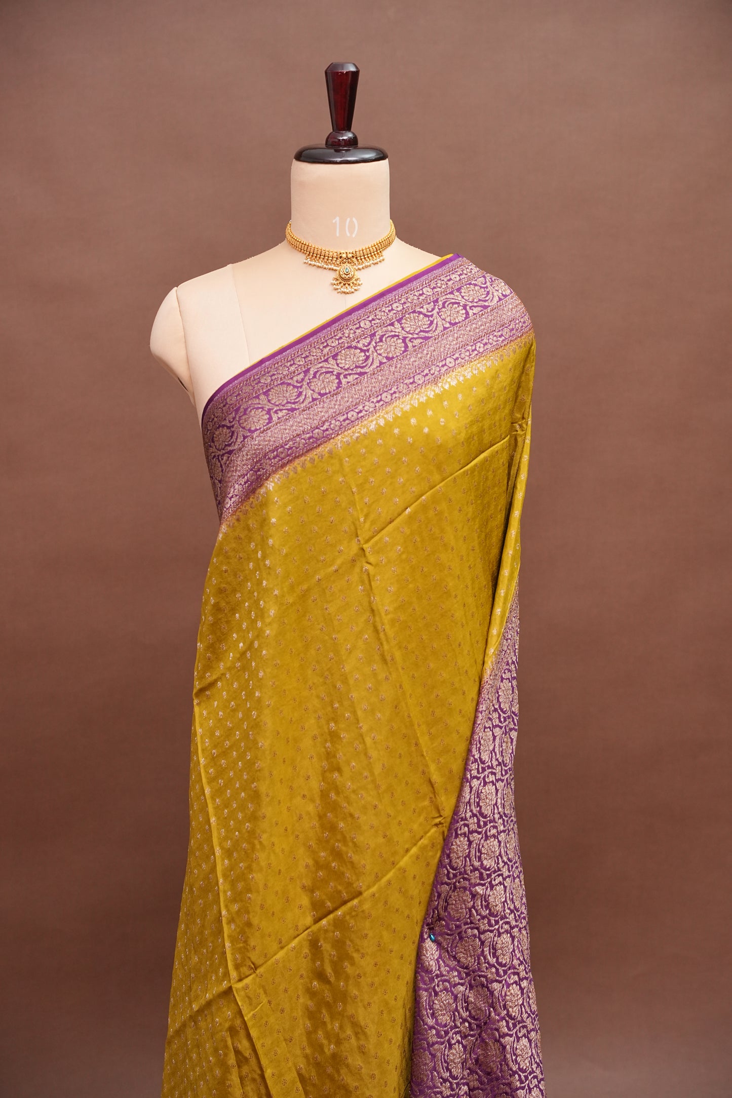 Khaddi Georgette Crepe Silk Saree with Antique Border – Mehendi Yellow & Magenta