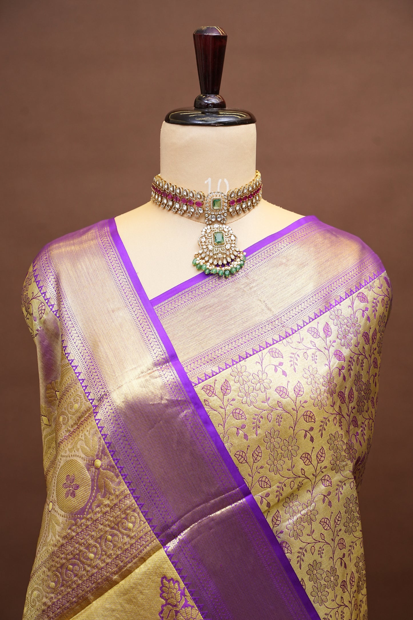 Gold Beige & Purple Pure Tissue Kanchipuram Silk Saree|Silk Mark Certified