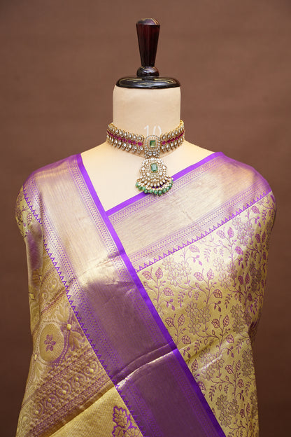 Gold Beige & Purple Pure Tissue Kanchipuram Silk Saree|Silk Mark Certified