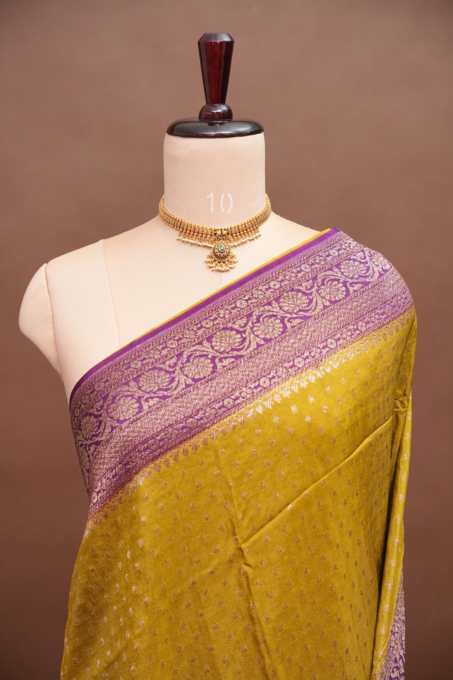 Khaddi Georgette Crepe Silk Saree with Antique Border – Mehendi Yellow & Magenta