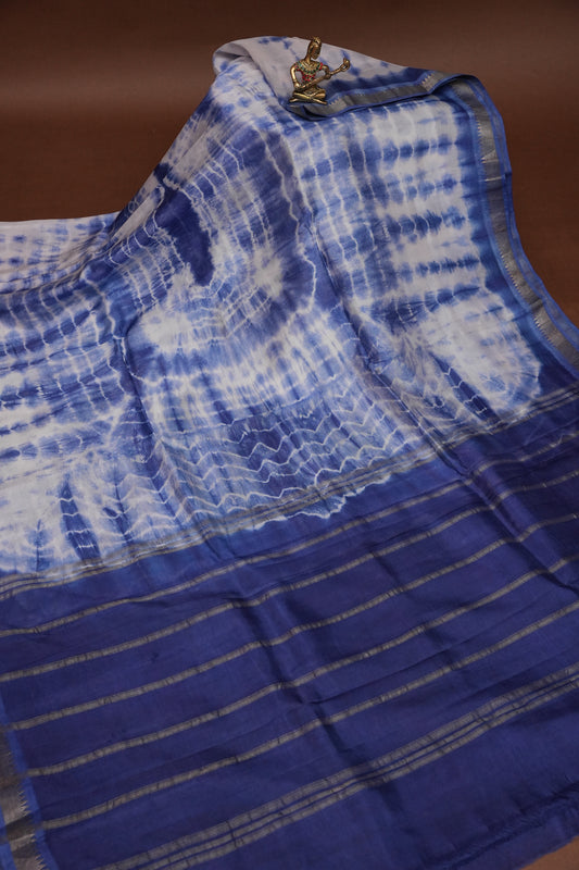 Mangalagiri Silk Shibori Tie & Dye Saree - Indigo Blue & Ivory