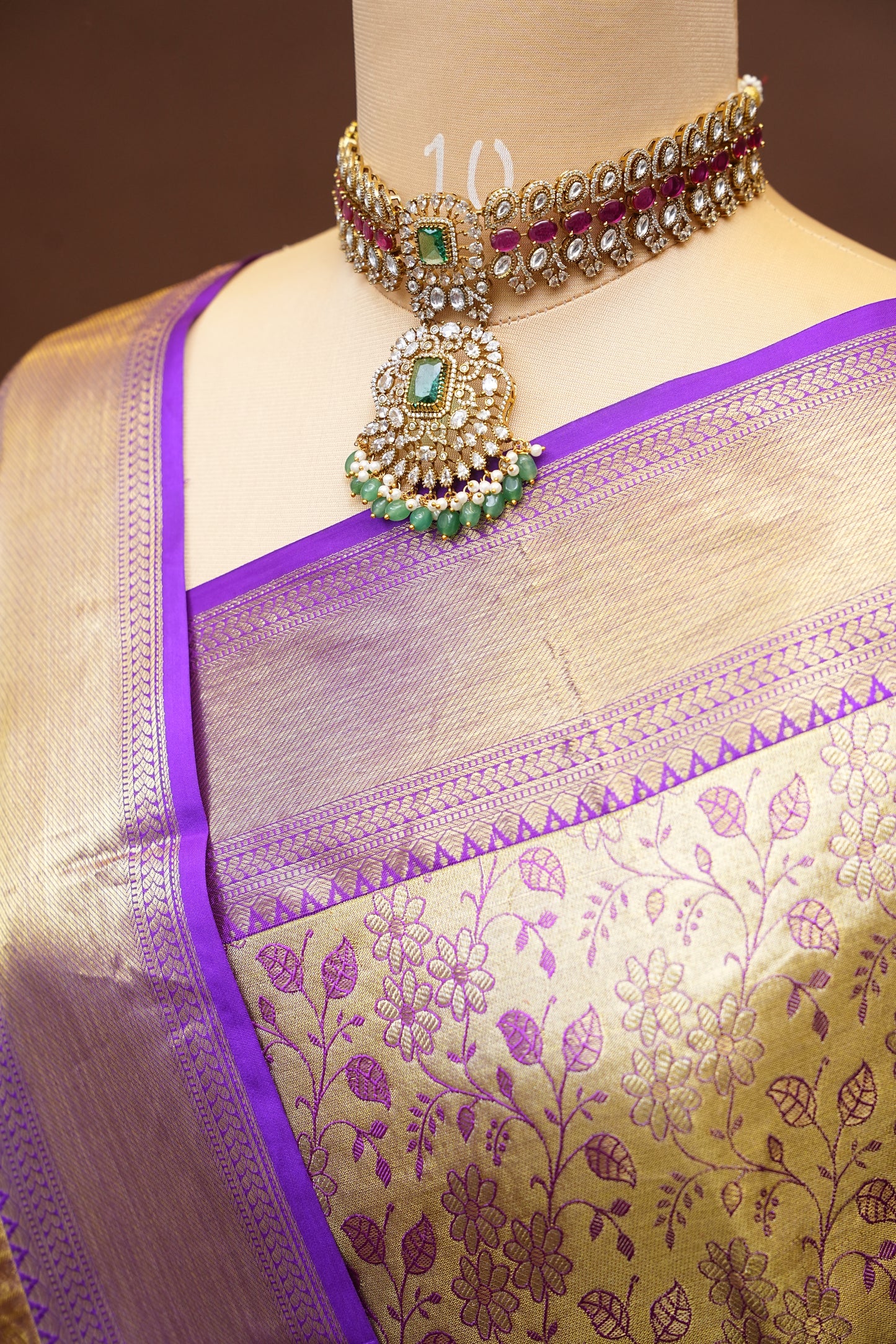 Gold Beige & Purple Pure Tissue Kanchipuram Silk Saree|Silk Mark Certified