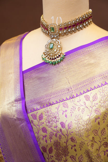 Gold Beige & Purple Pure Tissue Kanchipuram Silk Saree|Silk Mark Certified