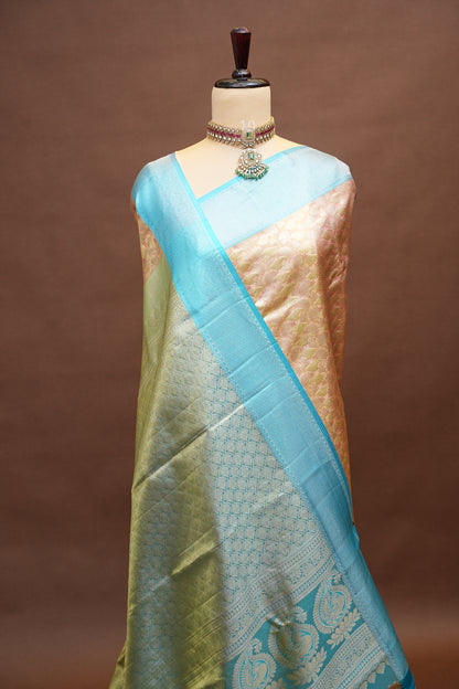 Peach & Turquoise Pure Tissue Kanchipuram Silk Saree|Silk Mark Certified