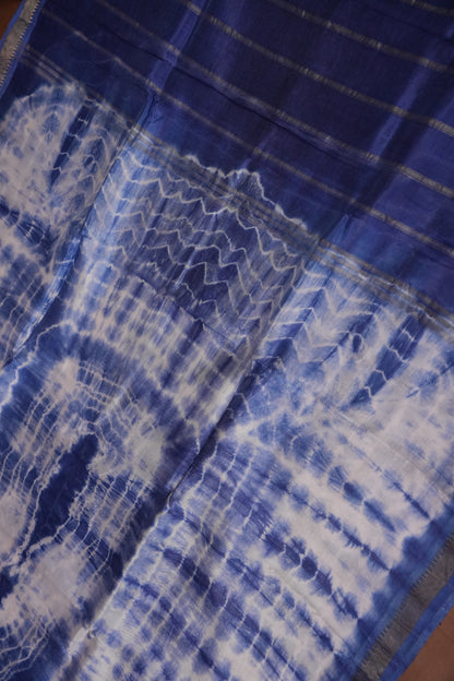 Mangalagiri Silk Shibori Tie & Dye Saree - Indigo Blue & Ivory