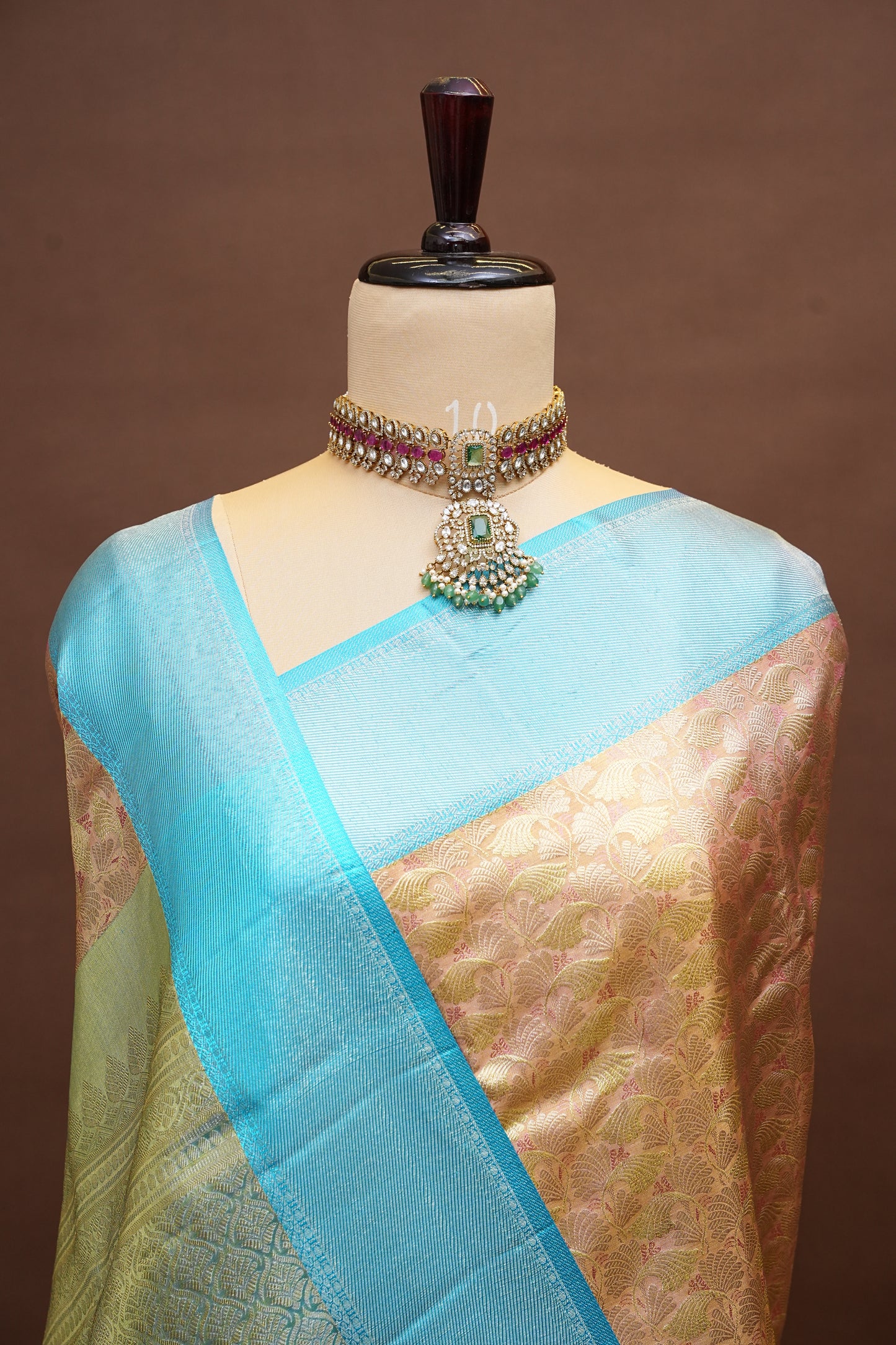 Peach & Turquoise Pure Tissue Kanchipuram Silk Saree|Silk Mark Certified