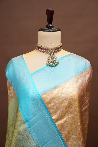 Peach & Turquoise Pure Tissue Kanchipuram Silk Saree|Silk Mark Certified