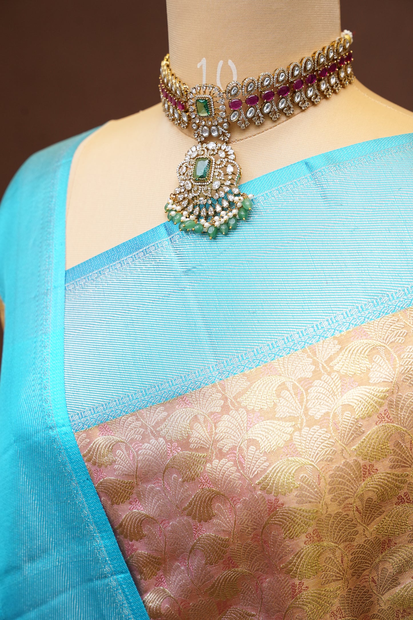 Peach & Turquoise Pure Tissue Kanchipuram Silk Saree|Silk Mark Certified
