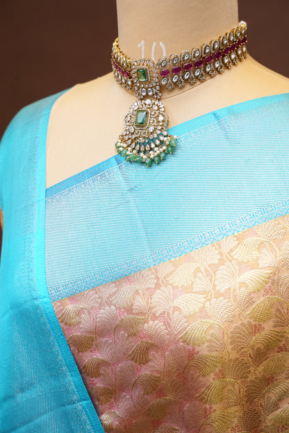 Peach & Turquoise Pure Tissue Kanchipuram Silk Saree|Silk Mark Certified