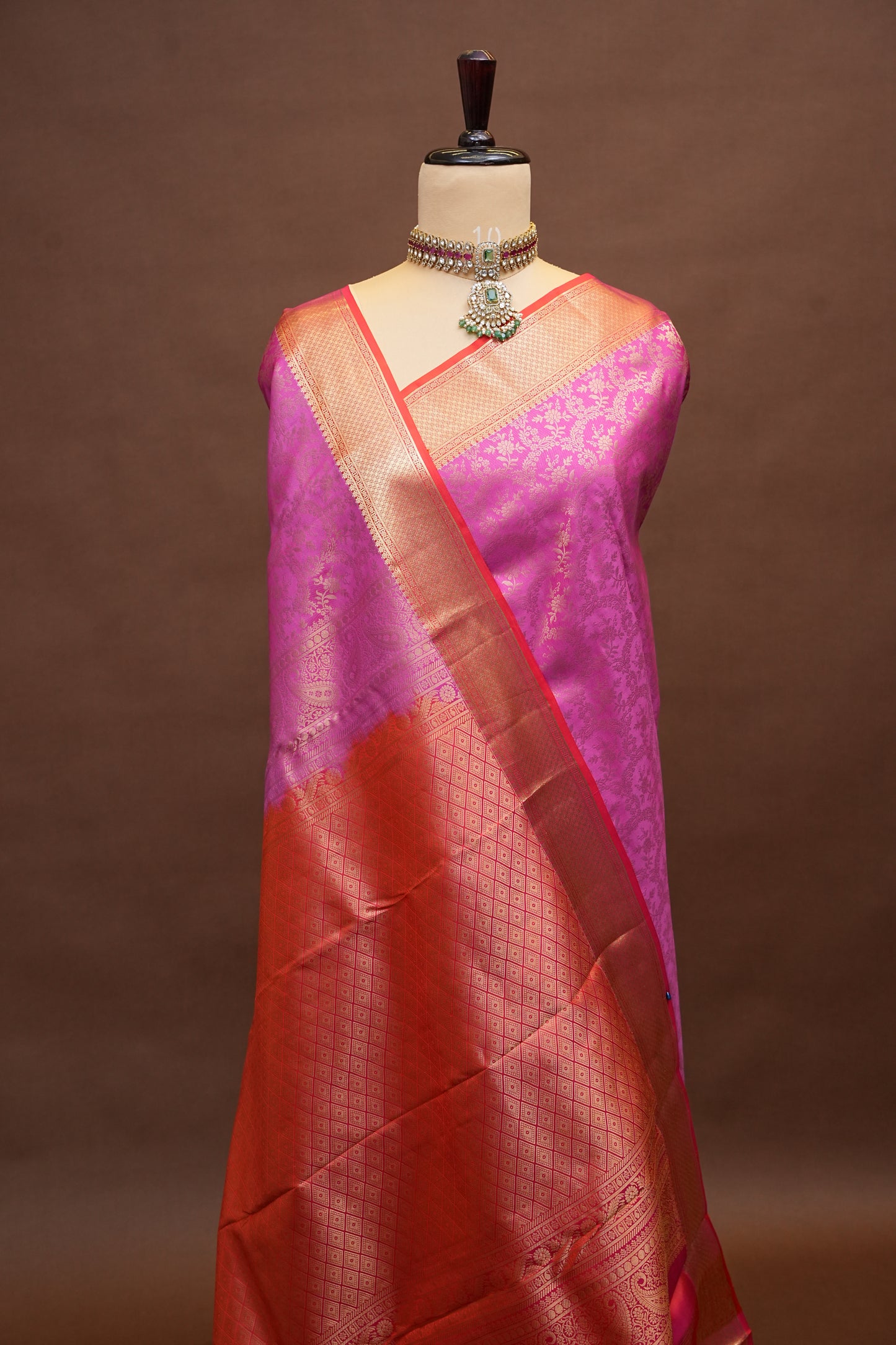 Pure Kanchivaram Silk Saree with Rich Gold Zari Weave - Candy Pink & Orange