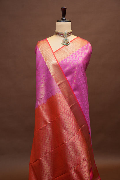 Pure Kanchivaram Silk Saree with Rich Gold Zari Weave - Candy Pink & Orange