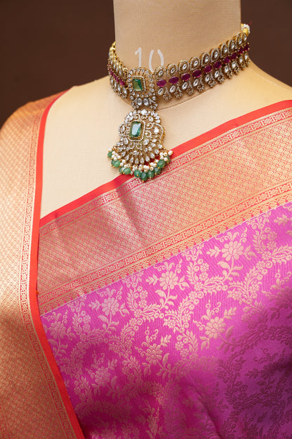 Pure Kanchivaram Silk Saree with Rich Gold Zari Weave - Candy Pink & Orange