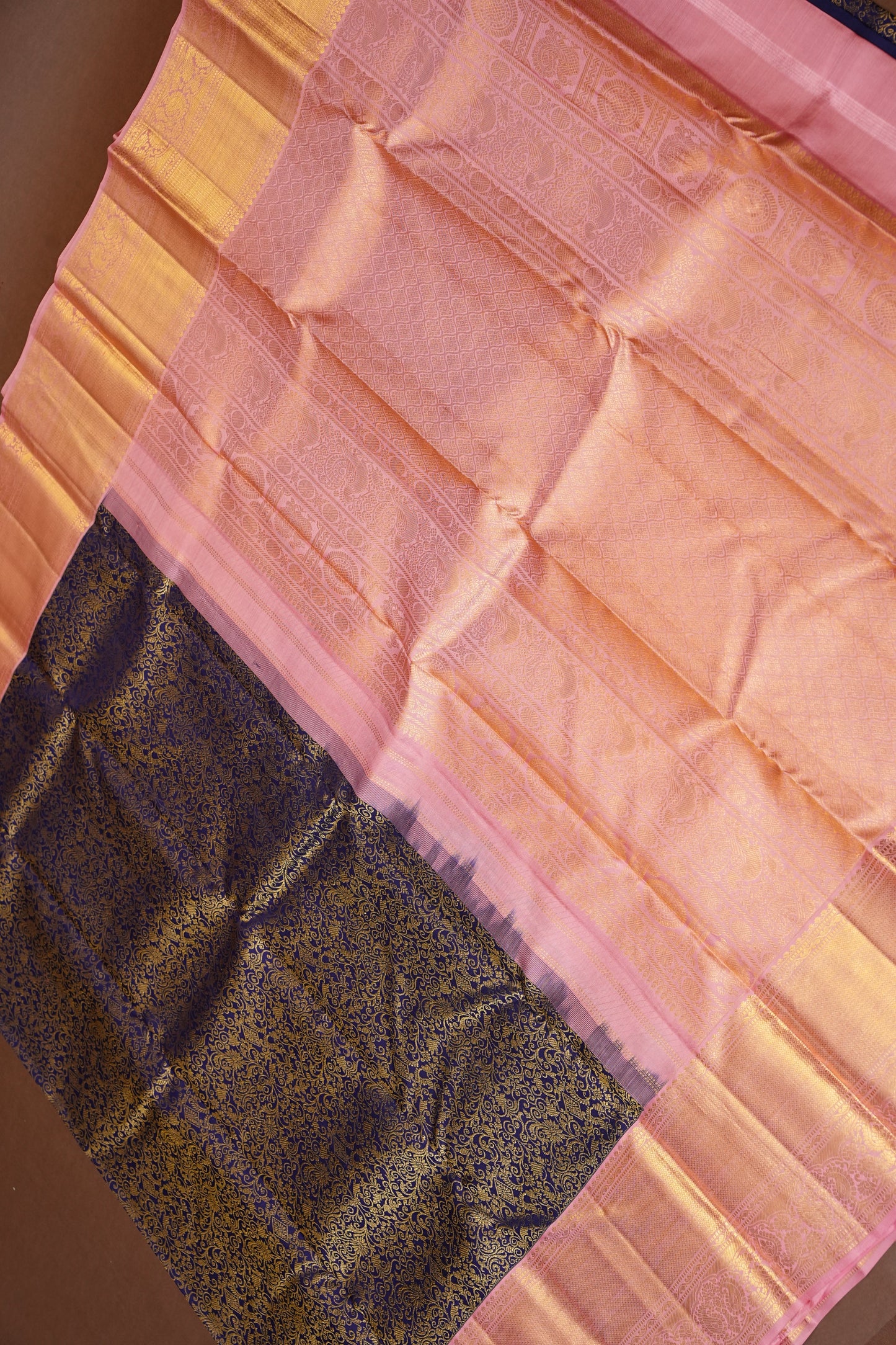Navy Blue & Blush Pink Pure Kanchivaram Silk Saree with Rich 2 Gram Gold Zari Weave|Silk Mark Certified