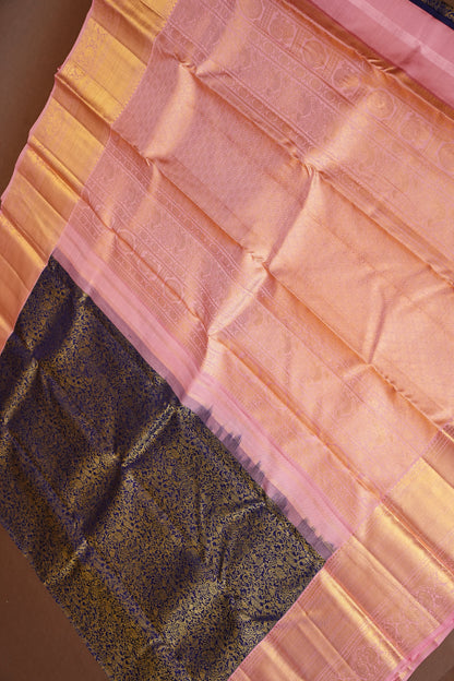 Navy Blue & Blush Pink Pure Kanchivaram Silk Saree with Rich 2 Gram Gold Zari Weave|Silk Mark Certified